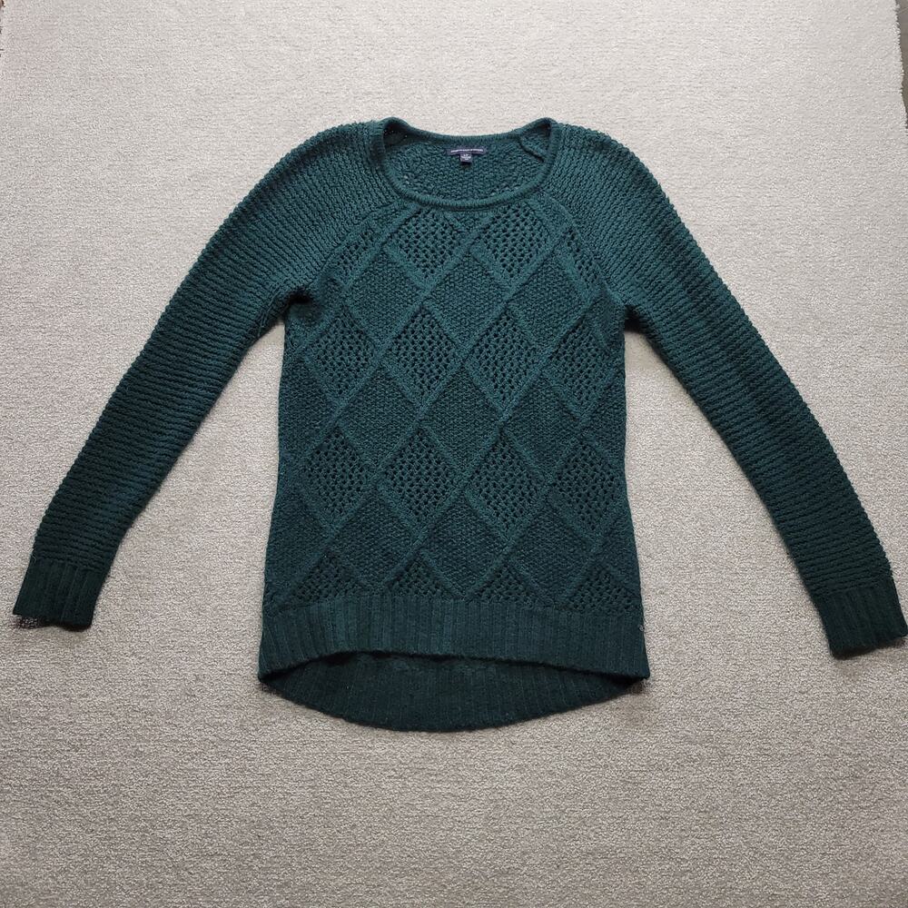 American Eagle Outfitters Womens S Green Open Knit Crochet Sweater Pullover